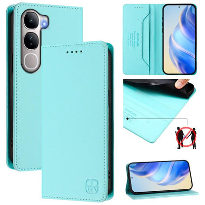 Light mint leather phone case with dual-fold magnetic suction and RFID wallet design