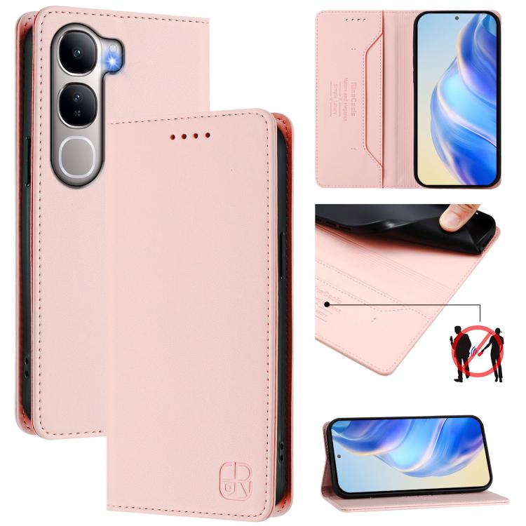 Pink leather phone case with dual-fold magnetic suction and RFID wallet design