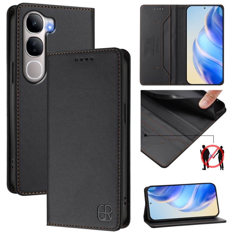Black leather phone case with dual-fold magnetic suction and RFID wallet design