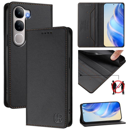 Black leather phone case with dual-fold magnetic suction and RFID wallet design