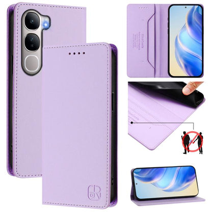 Light purple leather phone case with dual-fold magnetic suction and RFID wallet design