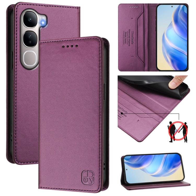 Purple dual-fold leather phone case with magnetic suction, card slot, camera cutouts, stitched edges