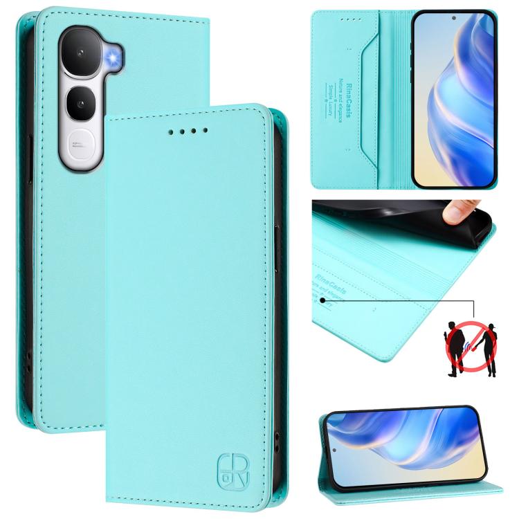Aqua mint dual-fold leather phone case with magnetic suction, card slot, camera cutouts, stitched trim