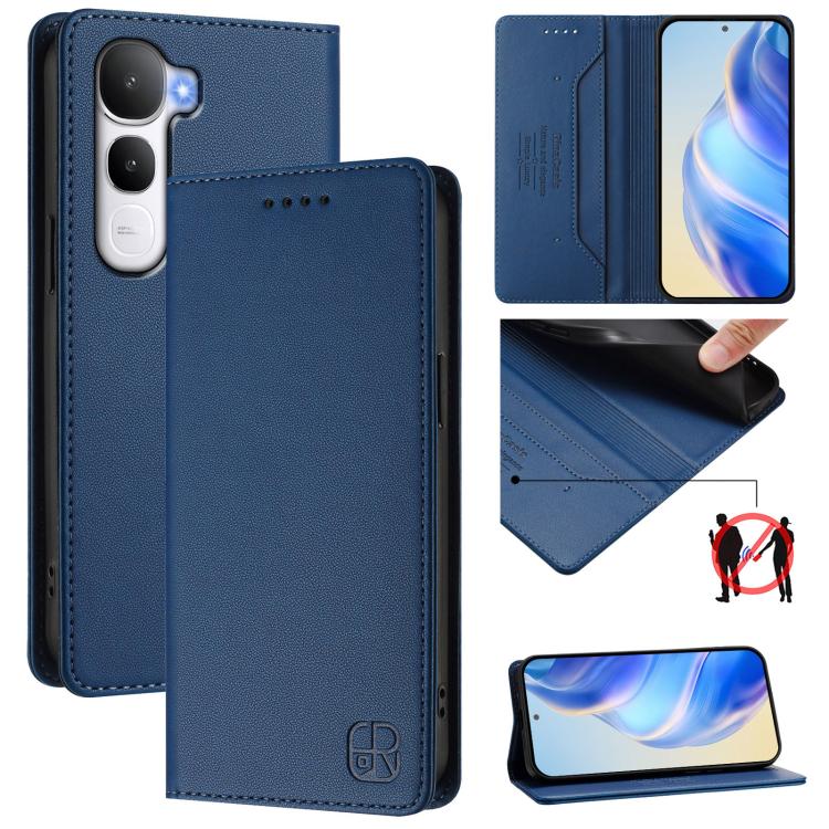 Leather phone case with magnetic suction, dual-fold cover, dark blue