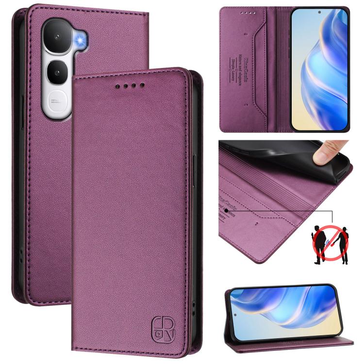 Leather phone case with magnetic suction, dual-fold cover, purple-mauve