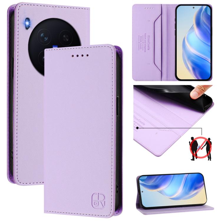 Lavender leather wallet phone case with magnetic suction, RFID shielding, camera cutout, card slots