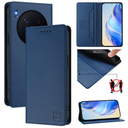 Blue leather phone case with dual-fold magnetic suction and RFID wallet design