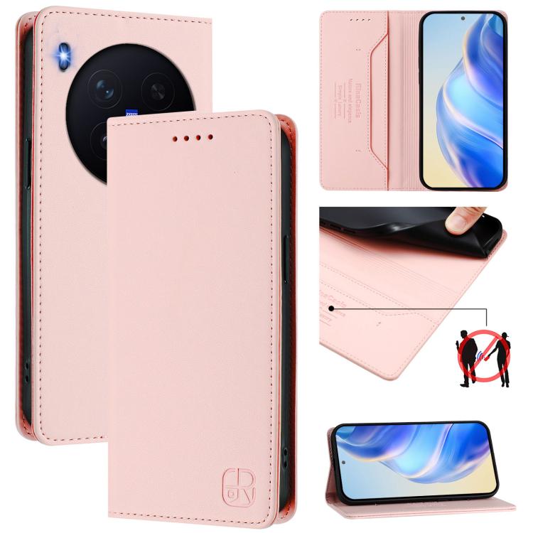 Rose pink leather magnetic suction RFID phone case with card slots