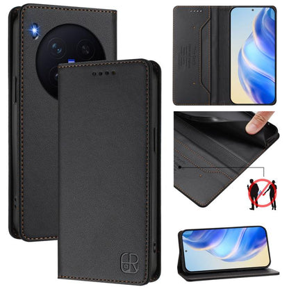 Black leather wallet phone case with magnetic suction, RFID shielding, camera cutout, card slots