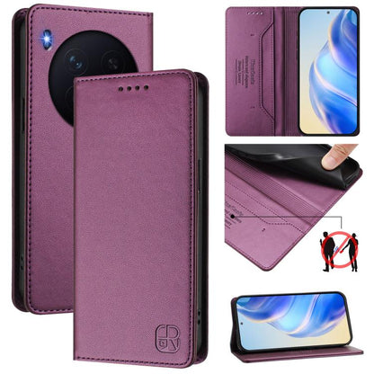 Purple leather wallet phone case with magnetic suction, RFID shielding, camera cutout, card slots