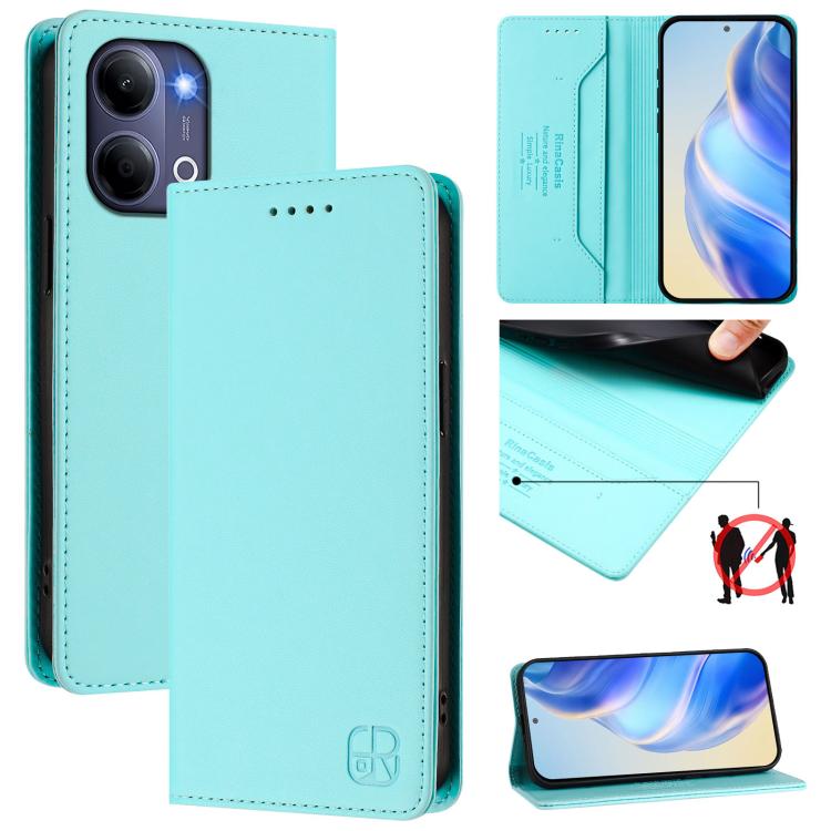 Mint blue dual-fold leather phone case with magnetic flap and card holder pocket