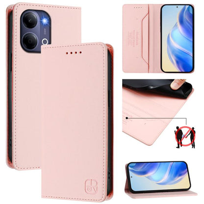 Light pink dual-fold leather phone case with magnetic flap and card holder pocket