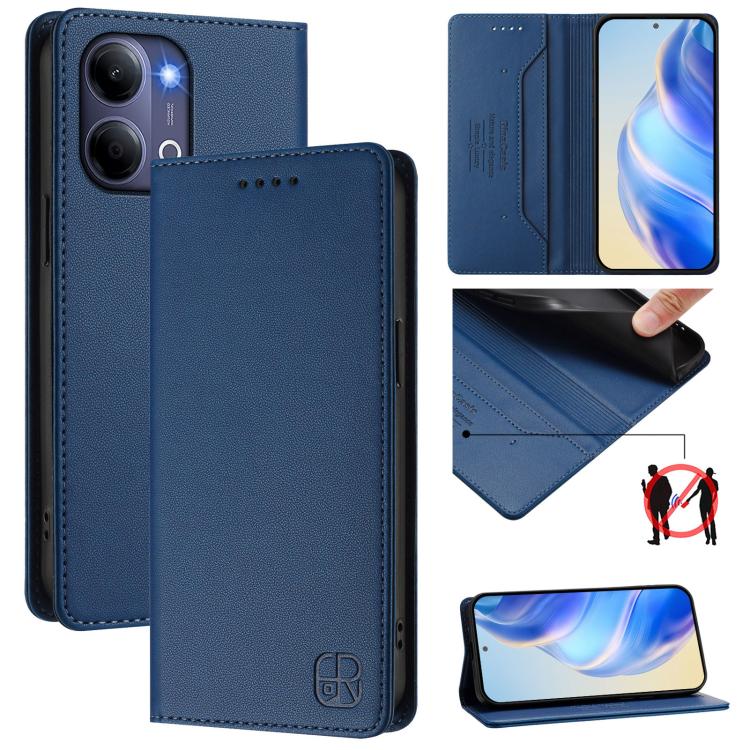 Dark blue dual-fold leather phone case, magnetic flap closed over the phone