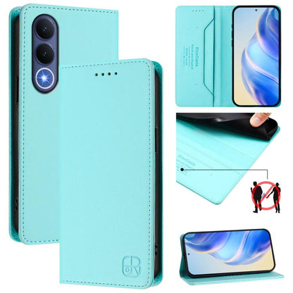 Dual-fold magnetic leather phone case, light mint with card slots and magnetic flap