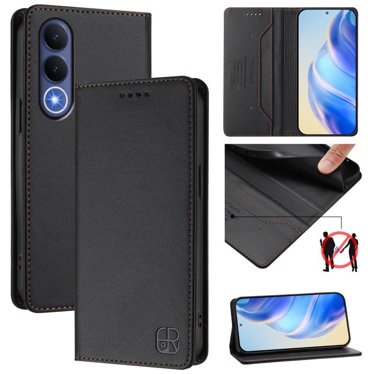 Dual-fold magnetic leather phone case, black with card slots and magnetic flap