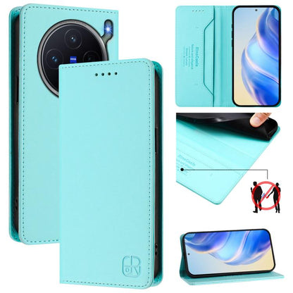 Mint green leather phone wallet case with front camera cutouts and magnetic flap