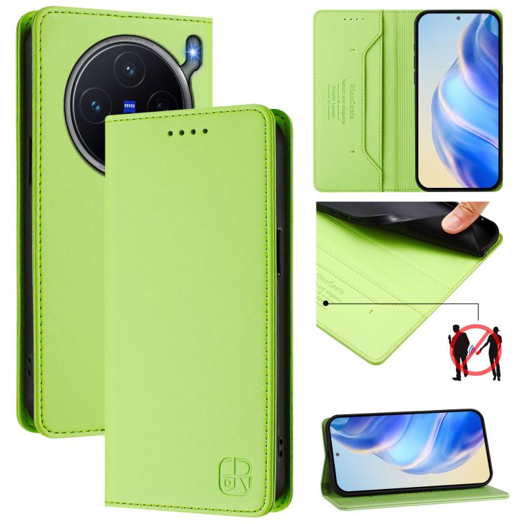 Bright lime green leather phone wallet case with front camera cutouts and magnetic flap