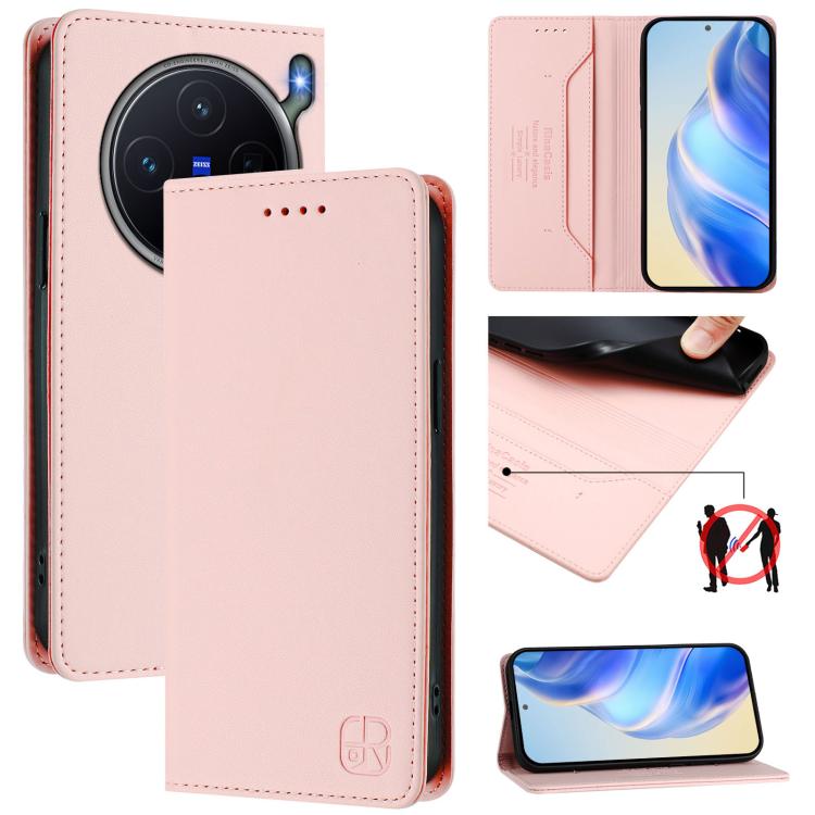 Blush pink leather phone wallet case with front camera cutouts and magnetic flap