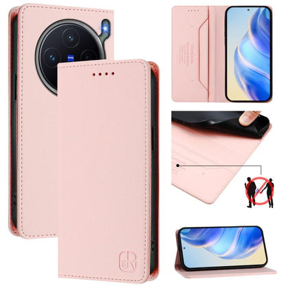 Blush pink leather phone wallet case with front camera cutouts and magnetic flap