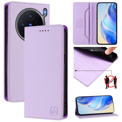 Lavender purple leather phone wallet case with front camera cutouts and magnetic flap