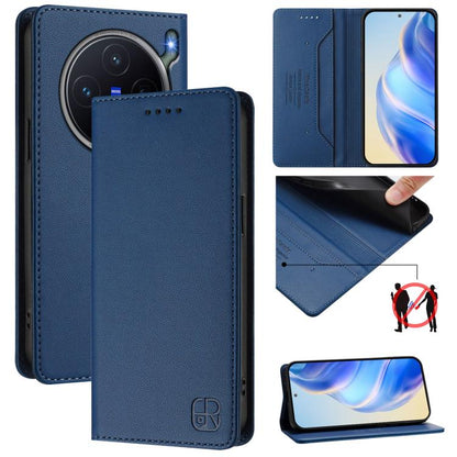 Dark blue dual-fold leather phone case with magnetic flap and card holder pocket