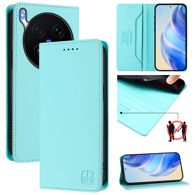 Dual-fold magnetic leather phone case, light cyan with card slots and magnetic flap