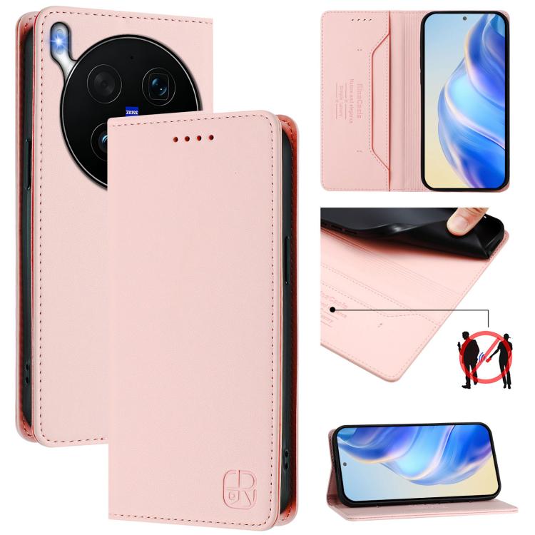 Pink leather magnetic suction RFID phone case with card slots