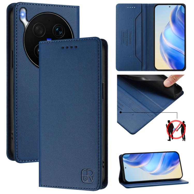 Dark blue leather magnetic suction RFID phone case with card slots