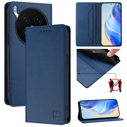 Dark blue leather magnetic suction RFID phone case with card slots