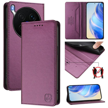 Purple leather magnetic suction RFID phone case with card slots