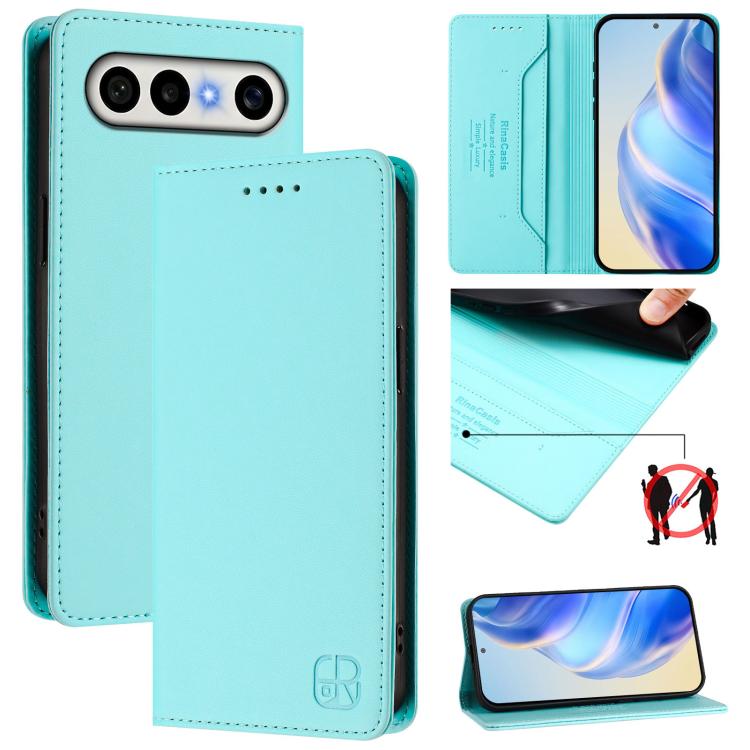 Mint green magnetic wallet phone case with RFID-blocking card slots, folded cover.