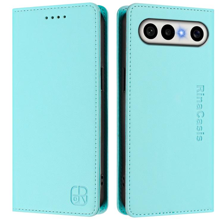 Mint green leather wallet phone case with magnetic closure and card-slot interior.