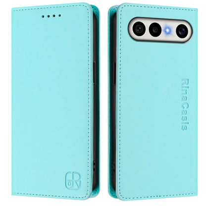 Mint green leather wallet phone case with magnetic closure and card-slot interior.