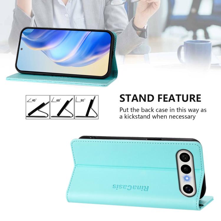 Mint green folio phone case that folds into a viewing stand for hands-free use.