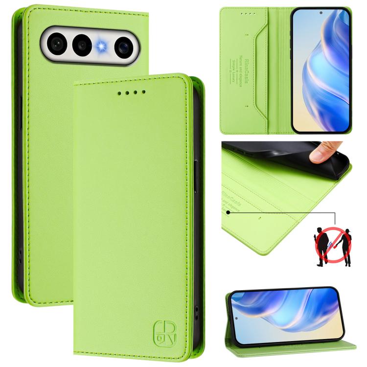 Grass green magnetic wallet phone case with RFID-blocking card slots and folded cover.