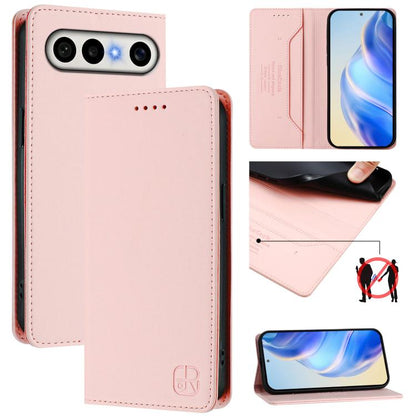 Pink magnetic wallet phone case with RFID-blocking card slots and dual-fold design.