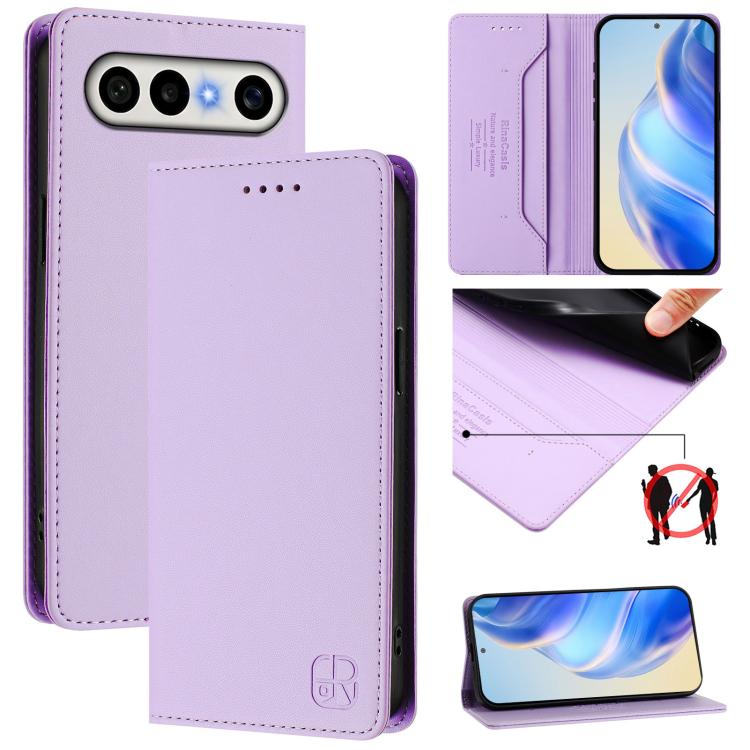 Light purple leather phone wallet case with front camera cutouts and magnetic flap