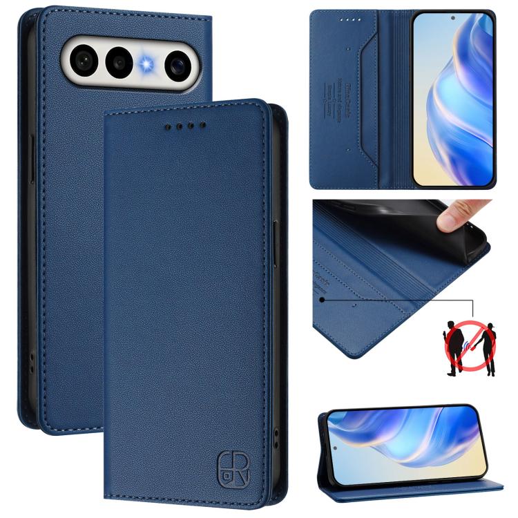Navy blue leather phone wallet case with front camera cutouts and magnetic flap