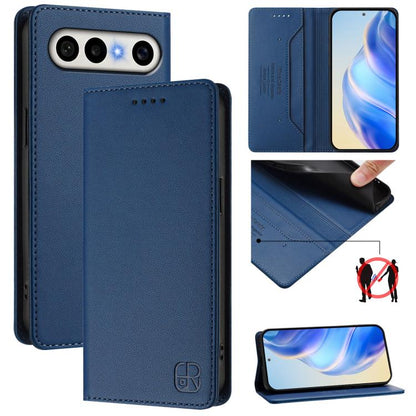 Navy blue leather phone wallet case with front camera cutouts and magnetic flap