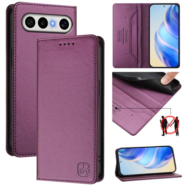 Dark mauve purple leather phone wallet case with front camera cutouts and magnetic flap