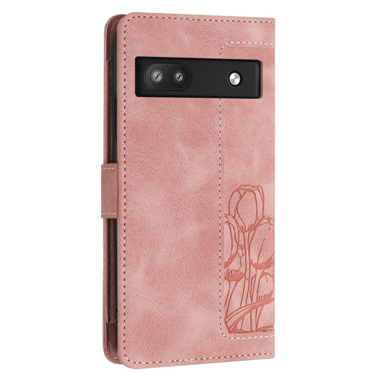 Tulips Embossed Leather Phone Case with Lanyard, For Google Pixel 6a