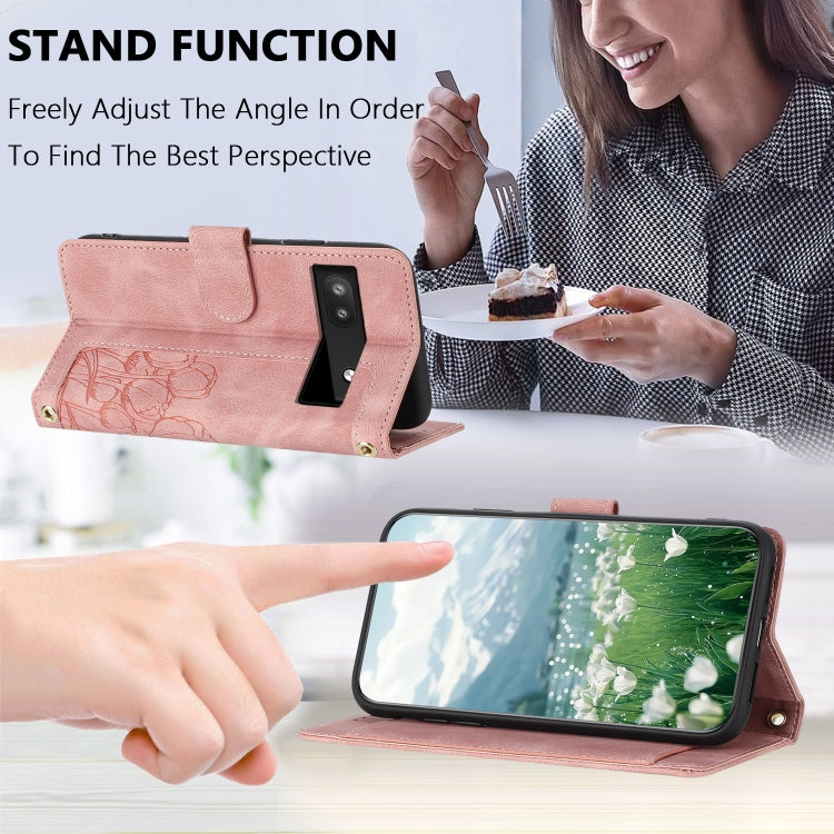 Tulips Embossed Leather Phone Case with Lanyard, For Google Pixel 6a
