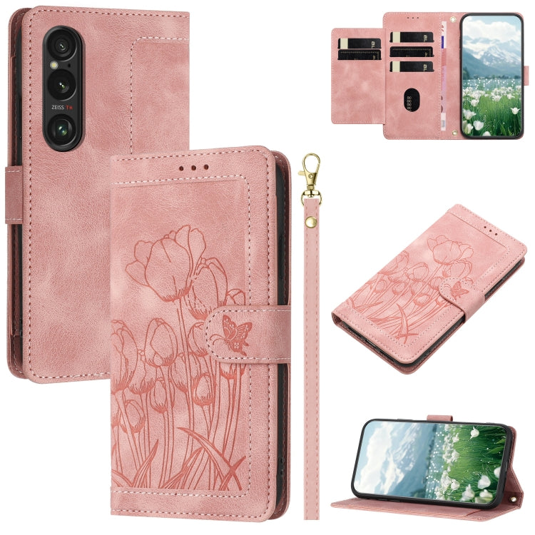 Tulips Embossed Leather Phone Case with Lanyard, For Sony Xperia 1 VIII, For Sony Xperia 10 VII, For Sony Xperia 10 VI, For Sony Xperia 1 VI, For Sony Xperia 10 V