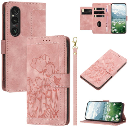 Tulips Embossed Leather Phone Case with Lanyard, For Sony Xperia 1 VIII, For Sony Xperia 10 VII, For Sony Xperia 10 VI, For Sony Xperia 1 VI, For Sony Xperia 10 V