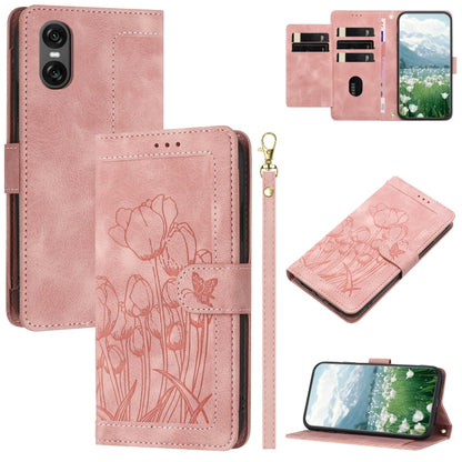 Tulips Embossed Leather Phone Case with Lanyard, For Sony Xperia 1 VIII, For Sony Xperia 10 VII, For Sony Xperia 10 VI, For Sony Xperia 1 VI, For Sony Xperia 10 V