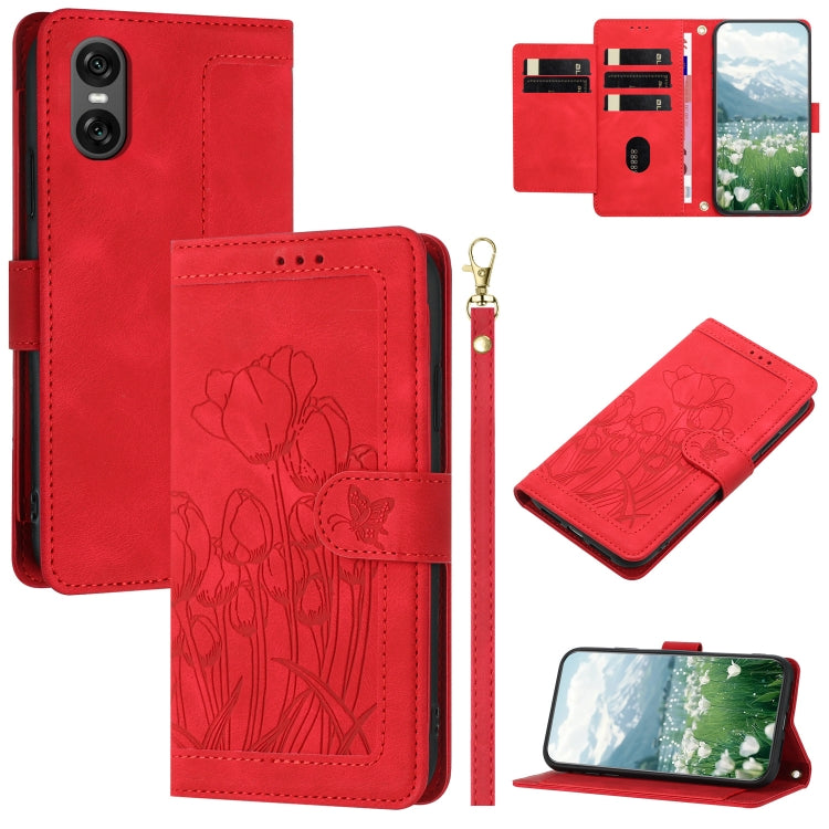 Tulips Embossed Leather Phone Case with Lanyard, For Sony Xperia 1 VIII, For Sony Xperia 10 VII, For Sony Xperia 10 VI, For Sony Xperia 1 VI, For Sony Xperia 10 V