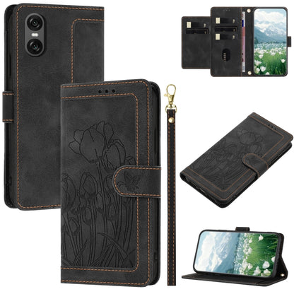 Tulips Embossed Leather Phone Case with Lanyard, For Sony Xperia 1 VIII, For Sony Xperia 10 VII, For Sony Xperia 10 VI, For Sony Xperia 1 VI, For Sony Xperia 10 V