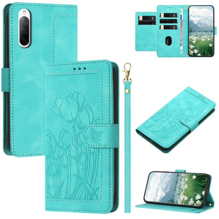 Tulips Embossed Leather Phone Case with Lanyard, For Sony Xperia 1 VIII, For Sony Xperia 10 VII, For Sony Xperia 10 VI, For Sony Xperia 1 VI, For Sony Xperia 10 V
