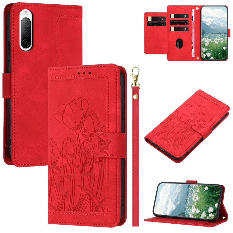 Tulips Embossed Leather Phone Case with Lanyard, For Sony Xperia 1 VIII, For Sony Xperia 10 VII, For Sony Xperia 10 VI, For Sony Xperia 1 VI, For Sony Xperia 10 V