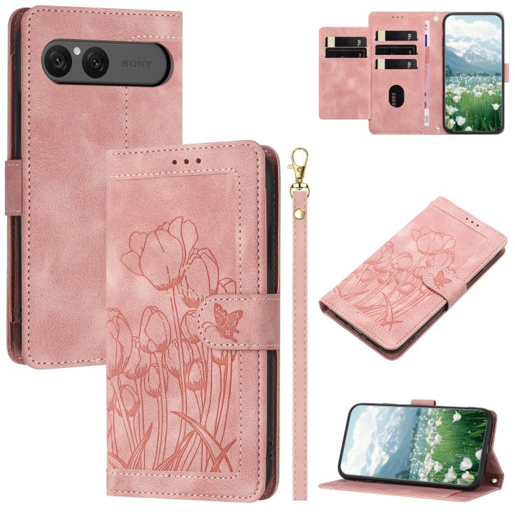 Tulips Embossed Leather Phone Case with Lanyard, For Sony Xperia 1 VIII, For Sony Xperia 10 VII, For Sony Xperia 10 VI, For Sony Xperia 1 VI, For Sony Xperia 10 V